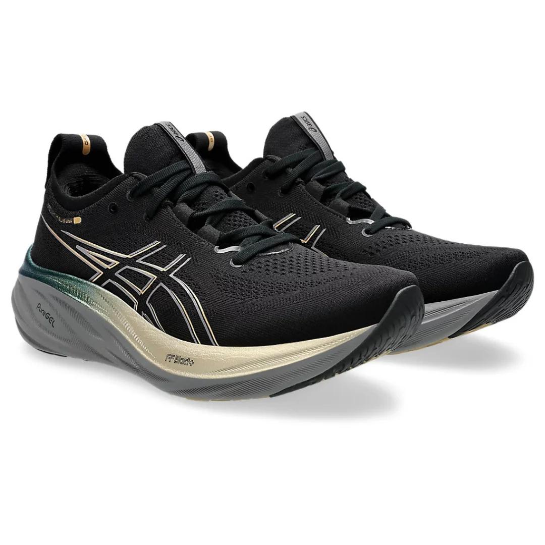 Asics Gel Nimbus 26 -  Preto e Dourado com Cinza e Verde